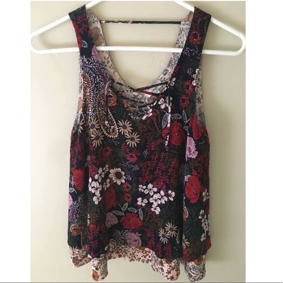 Love Fire V Neck Floral Tank W/ Criss Cross - Picture 1 of 5